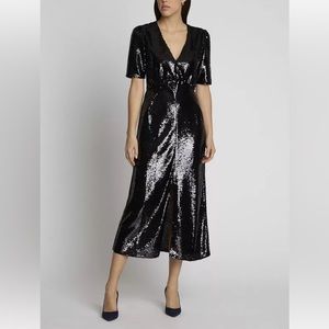 NWT - SALONI black gathered sequined tulle midi dress size US 2